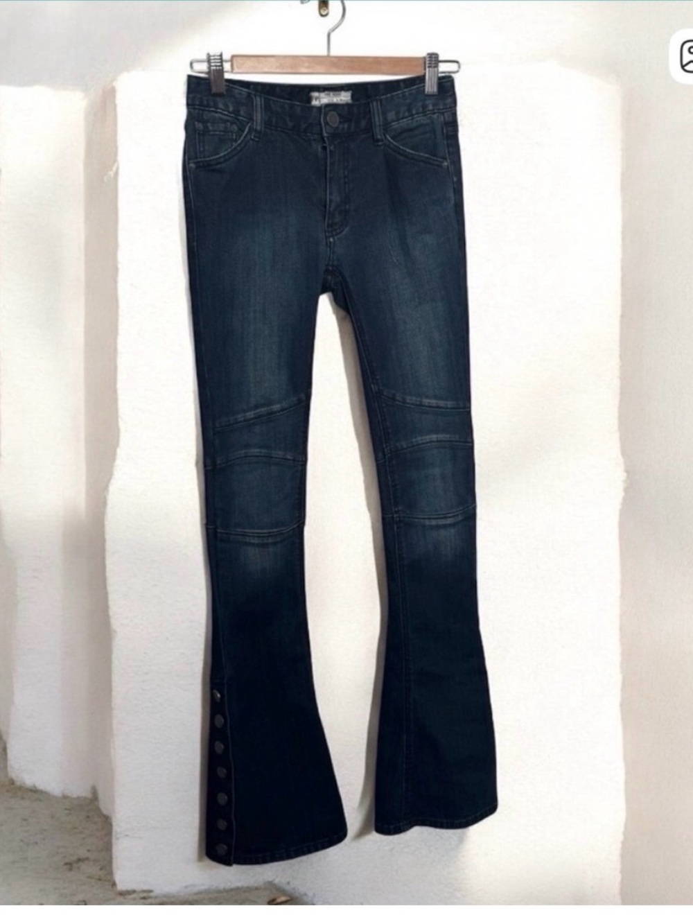 Free People Dark Indigo Flare Jeans with Button Hem